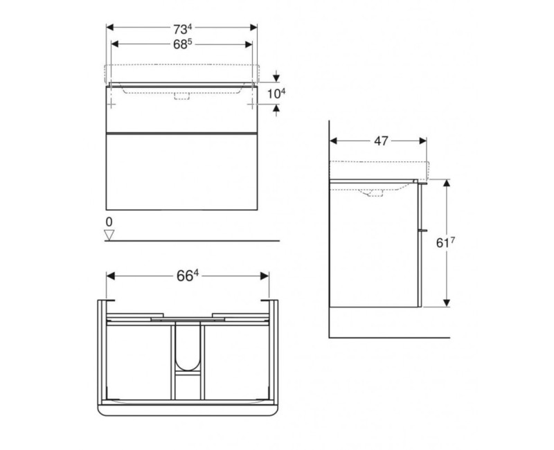 Шкафчик под раковиной Geberit Smyle Square 73x47x62см, (без раковины) 2 ящика, орех 500.353.JR.1