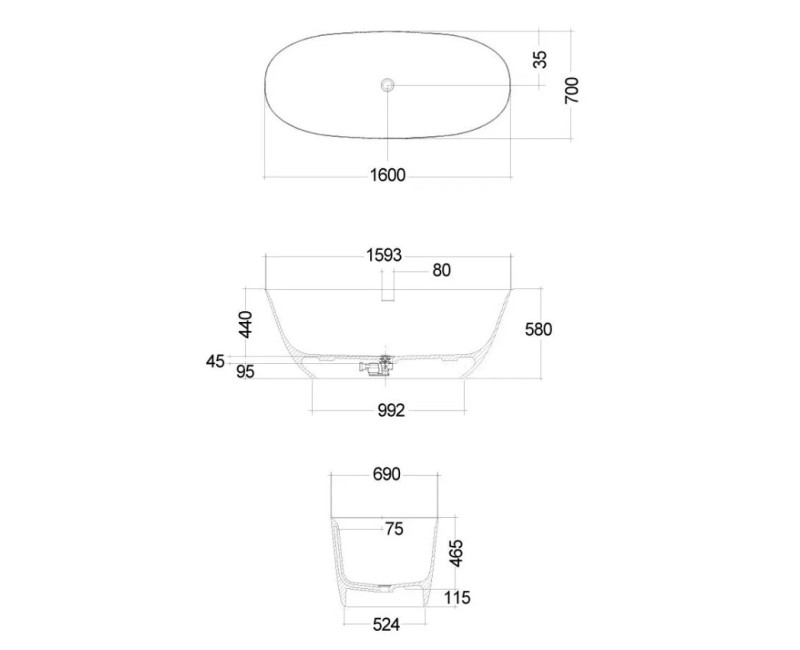 Вольностоящая ванна Kludi Resa каменная масса 160x70см, белый матовый 51BF0353