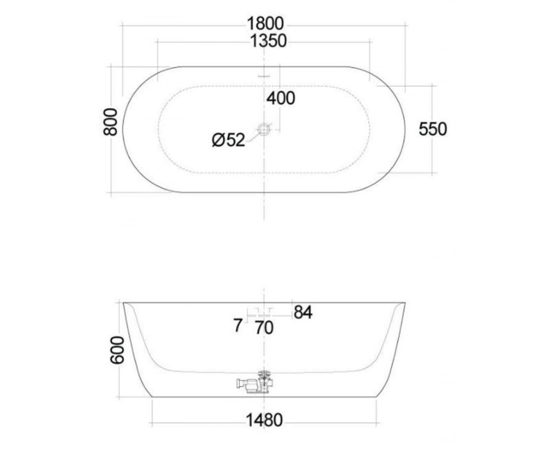 Вольностоящая ванна Kludi Elin каменная масса 180x80см, белый глянцевый 52BF0243