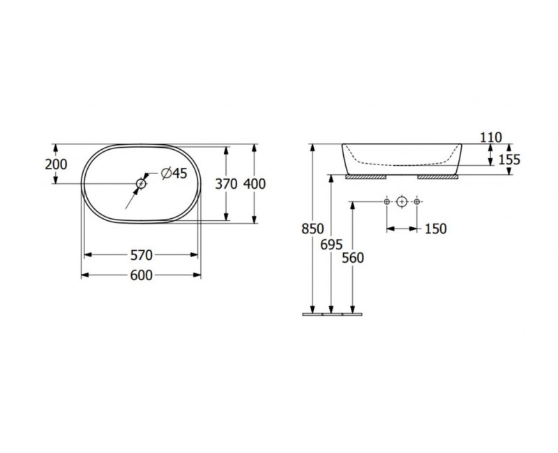 Vannas istabas izlietne Villeroy & Boch Architectura uz virsmas 60x40cm, Balta