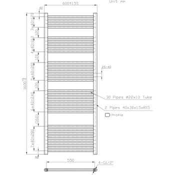 Dvieļu žāvētājs / Radiators Novaserviss 600x1600mm, Balts  600/1600/R,1