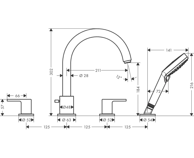 Смеситель для ванны/душа Hansgrohe Vernis Shape на краю ванны 71459000 Hromēts