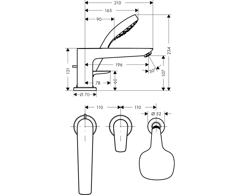 Смеситель для ванны/душа Hansgrohe Talis E на ободке ванны, хром