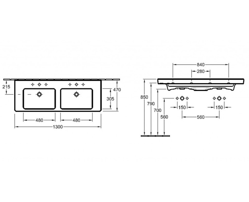 Vannas istabas izlietne Villeroy & Boch Subway 2.0 130x47cm uz virsmas, Balta