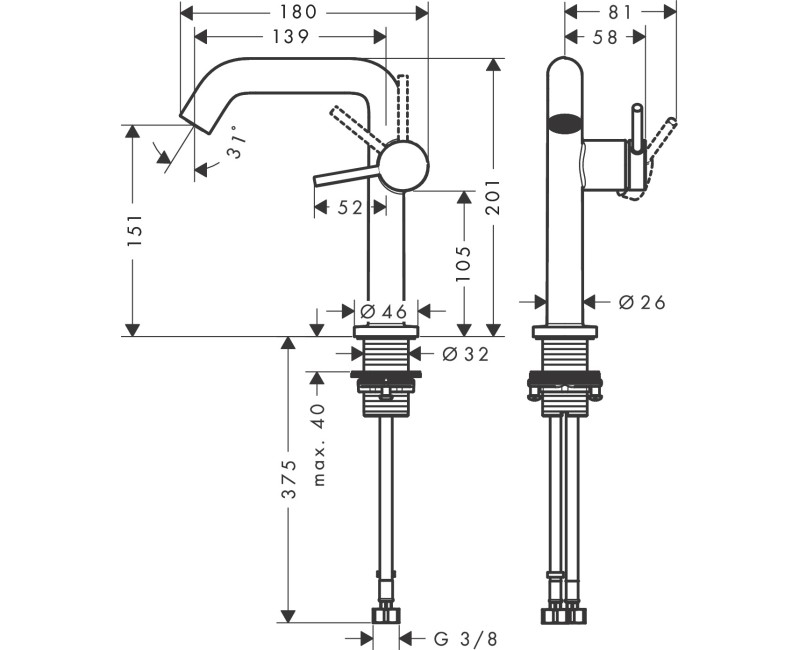 Смеситель для раковины Hansgrohe Tecturis S 150 Fine CoolStart EcoSmart+ с push-open клапаном 73340670 Melns Matēts