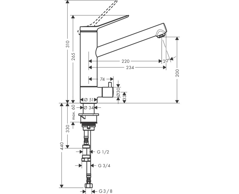 Смеситель для кухни Hansgrohe Zesis M33 200 запорный клапан CoolStart. 1jet 74807000 Хром