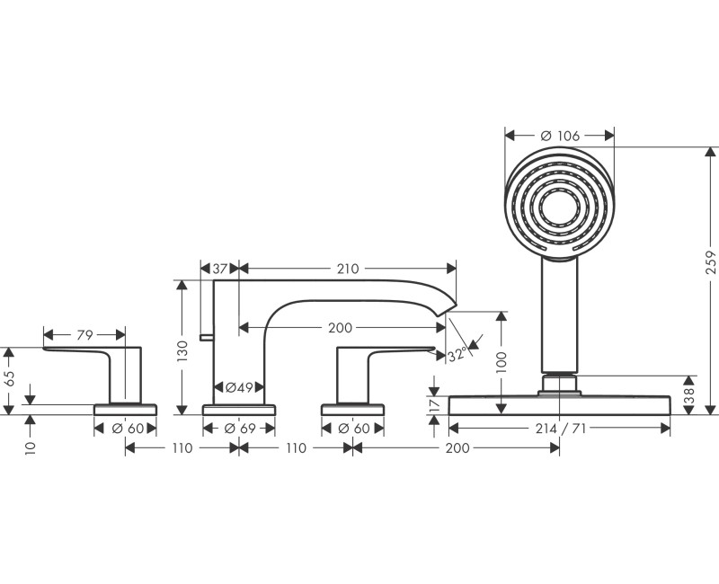 Смеситель для ванны/душа Hansgrohe Vivenis на ободке ванны, хром