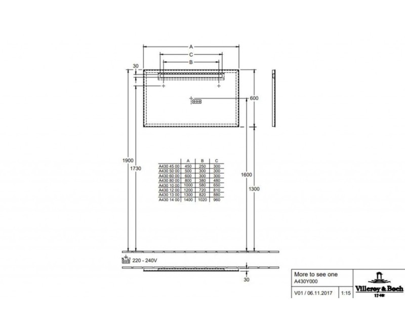 Vannas istabas spogulis Villeroy & Boch More To See One ar LED apgaismojumu, 50x60cm A430A700