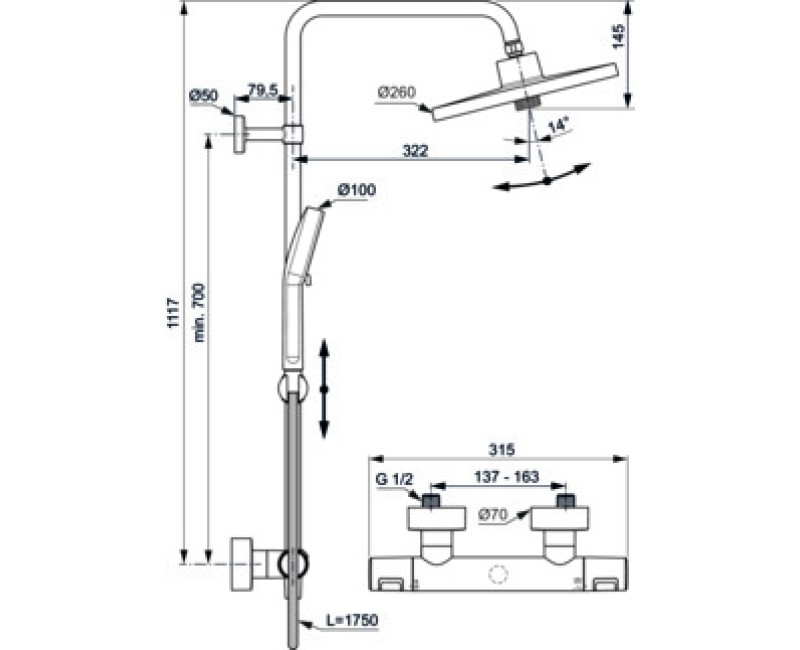 Dušas sistēma Ideal Standard Ceratherm T25+ ar Termostatu Melna matēts A7210XG