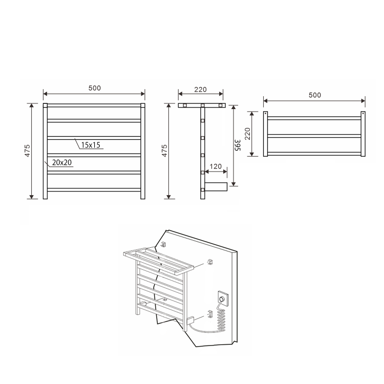 Dvieļu žāvētājs / Radiators Sapho Elzor elektriskais 50x47cm, 60 W, melns matēts EB510