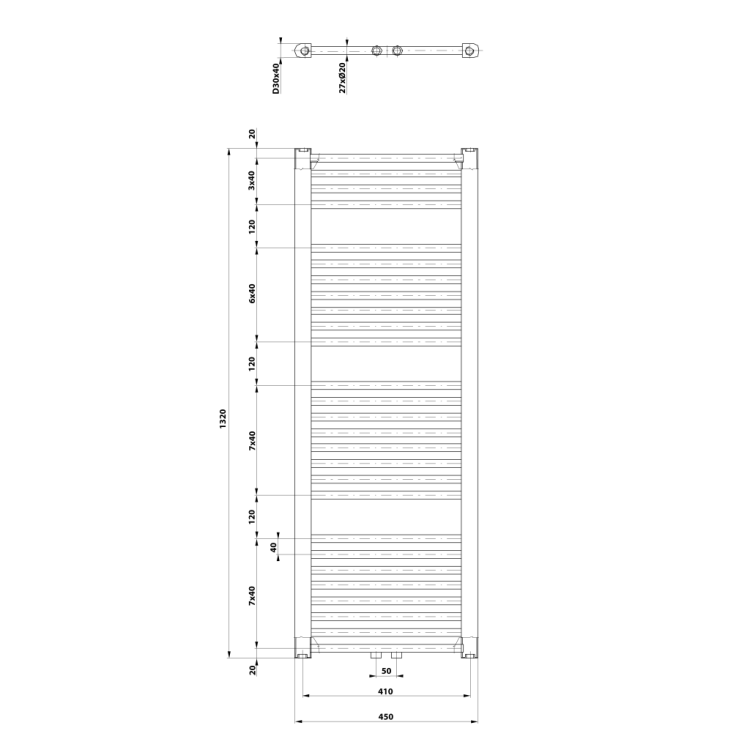 Dvieļu žāvētājs / Radiators AQUALINE Direct 132x45cm, 594W, balts ELM34T Dvieļu žāvētājs / Radiators AQUALINE Direct 132x45cm, 594W, balts ELM34T