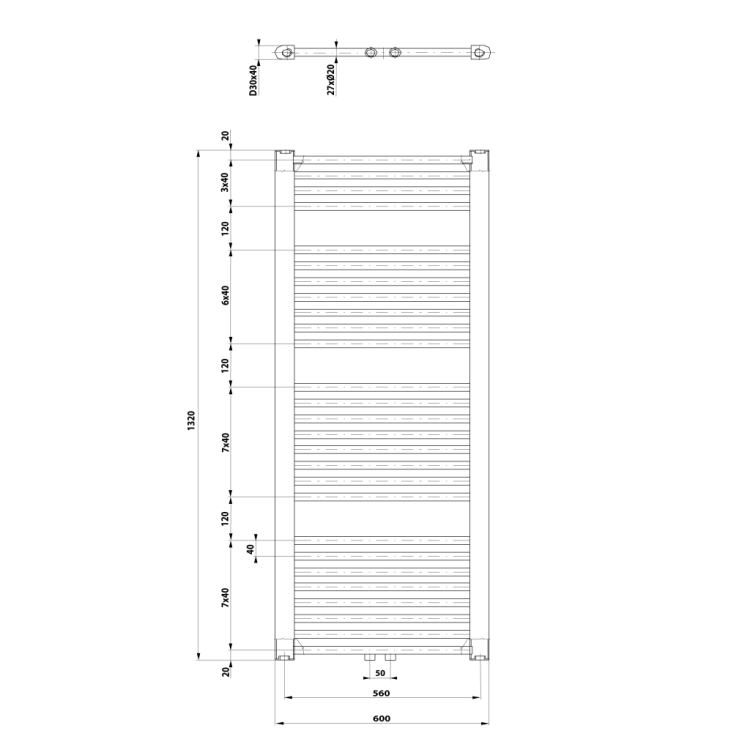 Dvieļu žāvētājs / Radiators AQUALINE DIRECT 600x1320mm balts ELM36T Dvieļu žāvētājs / Radiators AQUALINE DIRECT 600x1320mm balts ELM36T