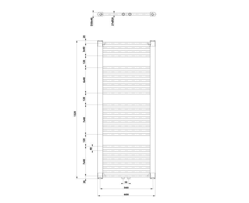 Полотенцесушитель / Радиатор AQUALINE DIRECT 600x1320 мм белый ELM36T