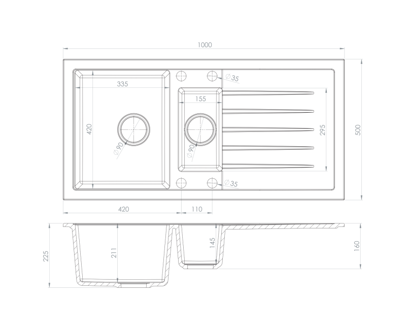 Кухонная мойка Sapho Granite, 96x48см, черная GR1334