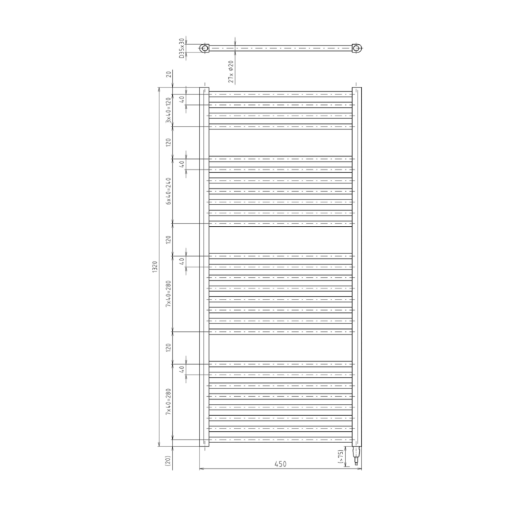 Dvieļu žāvētājs / Radiators AQUALINE DIRECT-E Elektriskais 450x1320mm 400W, balts ILE34T Dvieļu žāvētājs / Radiators AQUALINE DIRECT-E Elektriskais 450x1320mm 400W, balts ILE34T