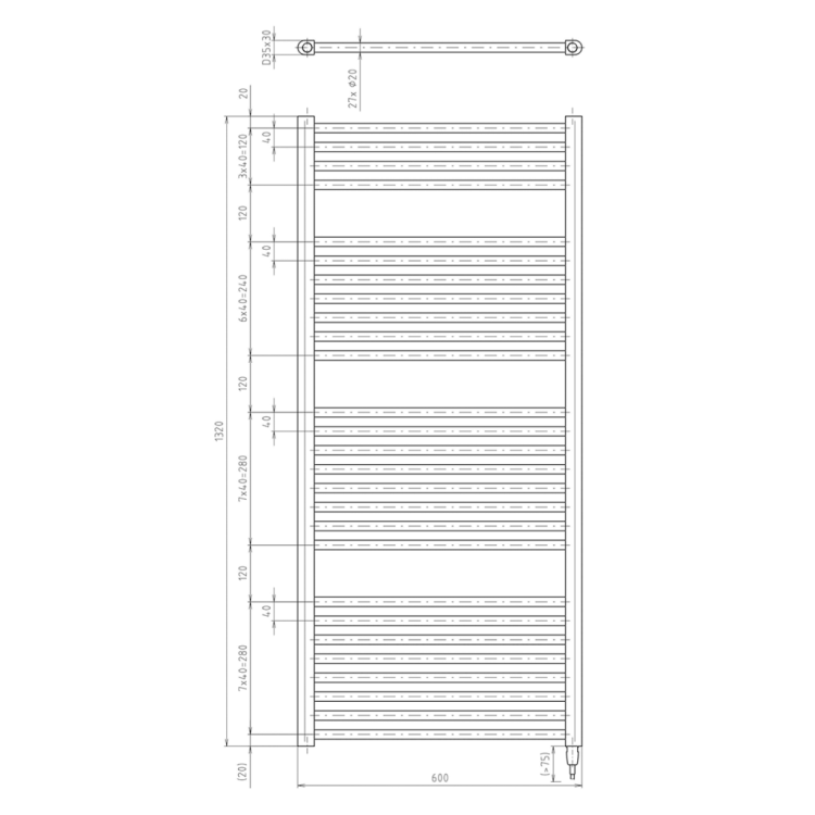 Dvieļu žāvētājs / Radiators AQUALINE DIRECT-E elektriskais 60x132cm, 60 W, matēti melns  ILE36TB