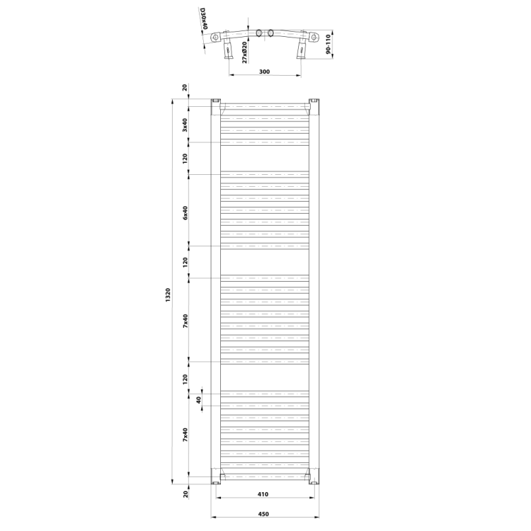 Dvieļu žāvētājs / Radiators AQUALINE ORBIT 450x1320mm balts ILO34T Dvieļu žāvētājs / Radiators AQUALINE ORBIT 450x1320mm balts ILO34T
