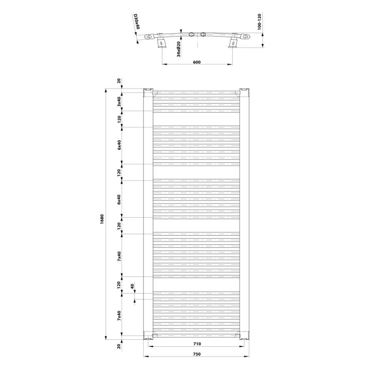 Dvieļu žāvētājs / Radiators AQUALINE ORBIT 750x1680mm balts  ILO67T
