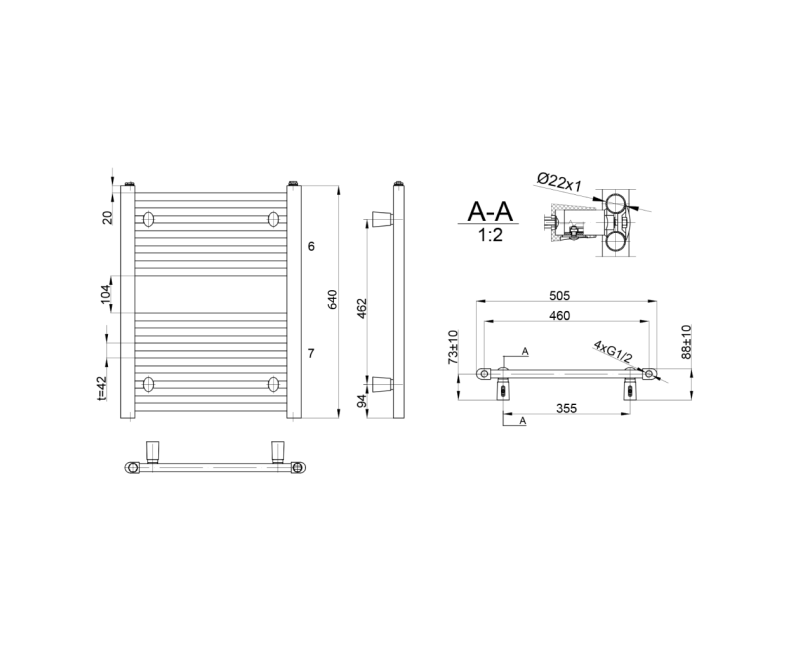 Полотенцесушитель / Радиатор AQUALINE Direct 64x50см, 360Вт, белый ILR65T