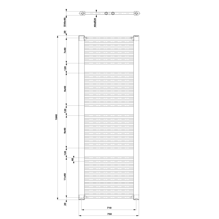 Dvieļu žāvētājs / Radiators AQUALINE Direct 184x75cm, 1439W, balts  ILR87T