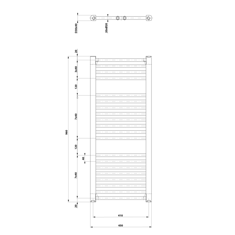 Dvieļu žāvētājs / Radiators AQUALINE Direct  96x45cm, 447W, balts  ILR94T