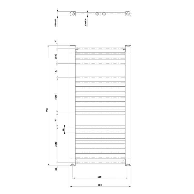 Dvieļu žāvētājs / Radiators AQUALINE Direct  96x60cm, 597 W, balts  ILR96T