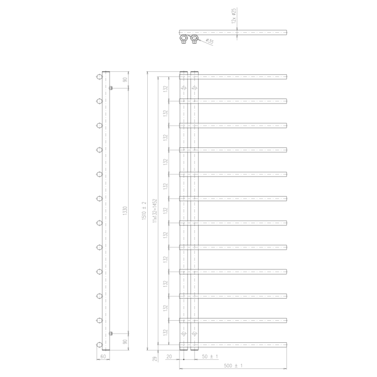 Dvieļu žāvētājs / Radiators Sapho JUSTINA 500x1510, Melns Matēts IR151B Dvieļu žāvētājs / Radiators Sapho JUSTINA 500x1510, Melns Matēts IR151B