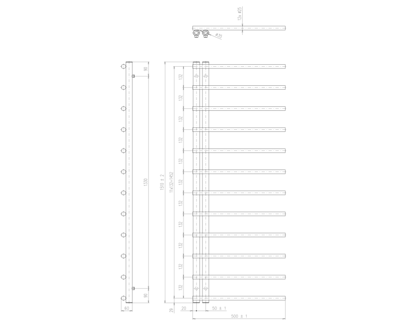 Полотенцесушитель / Радиатор Sapho JUSTINA 500x1510, Черный Матовый IR151B