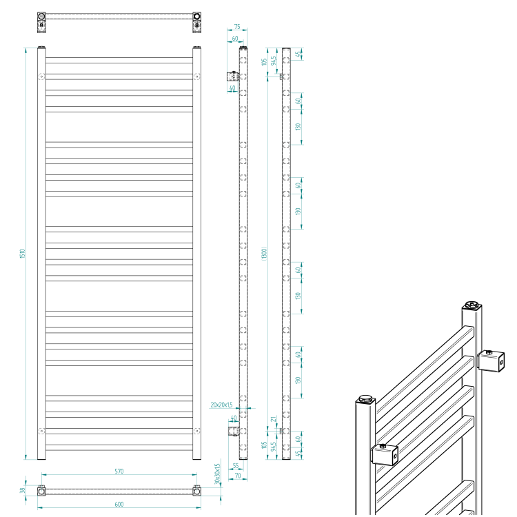 Dvieļu žāvētājs / Radiators Sapho Metro 60x151cm, 557W, metālisks antracīts IR420 Dvieļu žāvētājs / Radiators Sapho Metro 60x151cm, 557W, metālisks antracīts IR420