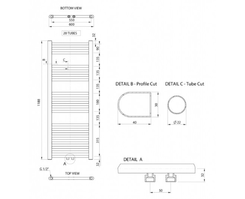 Полотенцесушитель / Радиатор Aqualine ALYA 600x1188 мм, Хром LLS303