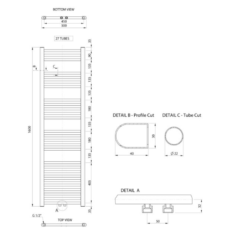 Dvieļu žāvētājs / Radiators Aqualine ALYA 500x1600mm, Hroms LLS304 Dvieļu žāvētājs / Radiators Aqualine ALYA 500x1600mm, Hroms LLS304