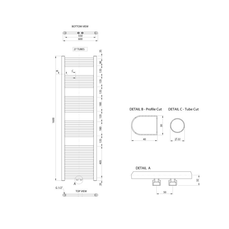 Dvieļu žāvētājs / Radiators Aqualine ALYA 600x1600mm, Hroms LLS305