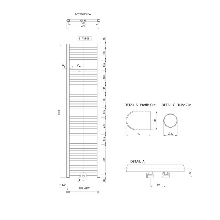 Dvieļu žāvētājs / Radiators AQUALINE Alya 179x60cm, 614W, hromēts LLS306 Dvieļu žāvētājs / Radiators AQUALINE Alya 179x60cm, 614W, hromēts LLS306