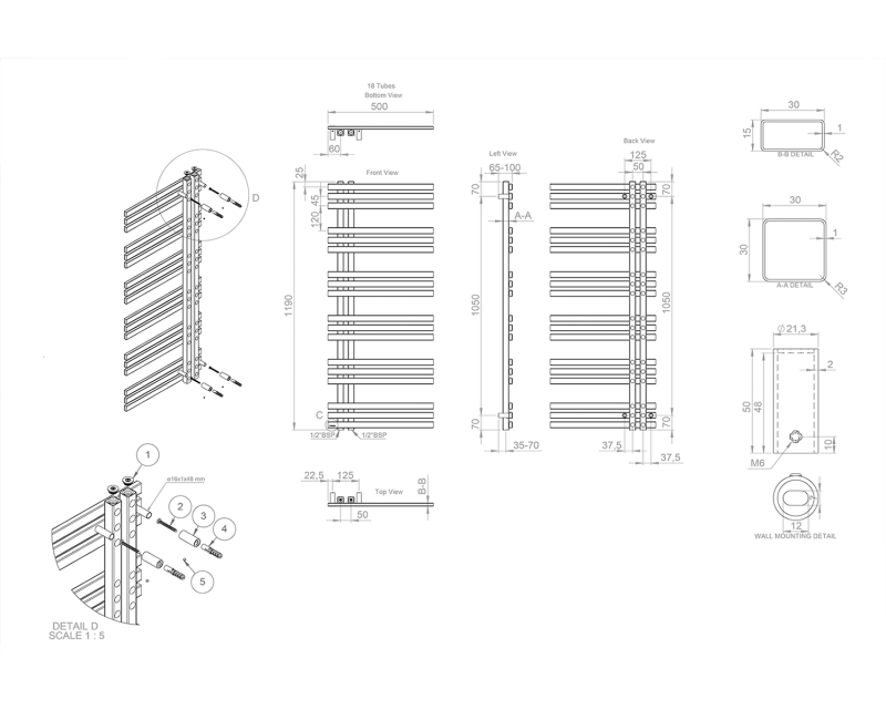 Dvieļu žāvētājs / Radiators Sapho Vista 50x119cm, 307 W, pulēts nerūsējošais tērauds  NR613