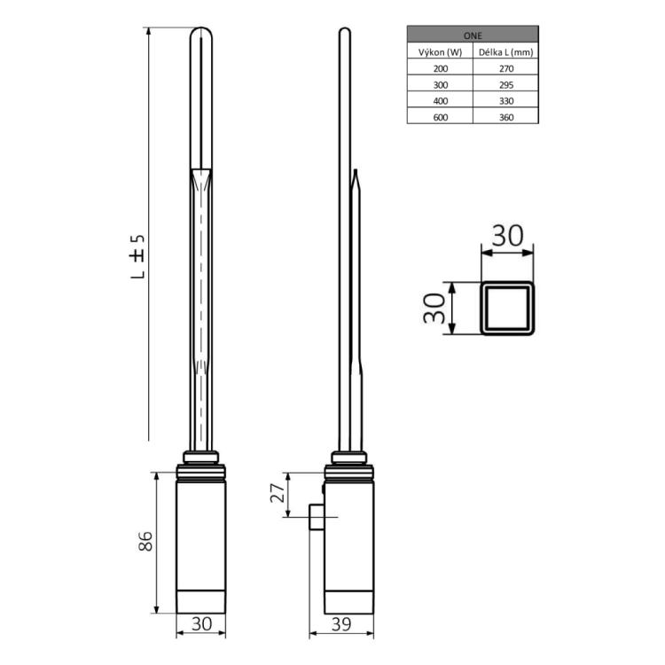 Dvieļu žāvētāja sildelements Sapho ONE ar termostatu 600W, Hromēts ONE-C-600 Dvieļu žāvētāja sildelements Sapho ONE ar termostatu 600W, Hromēts ONE-C-600