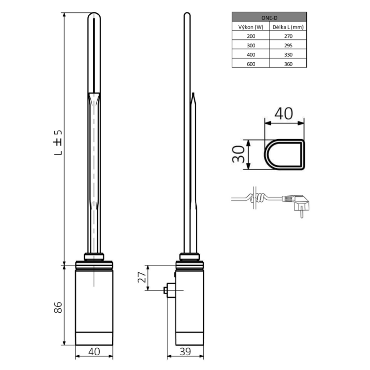 Dvieļu žāvētāja sildelements Sapho ONE D ar termostatu 200W, labā puse, Hromēts ONE-D-C-200 Dvieļu žāvētāja sildelements Sapho ONE D ar termostatu 200W, labā puse, Hromēts ONE-D-C-200