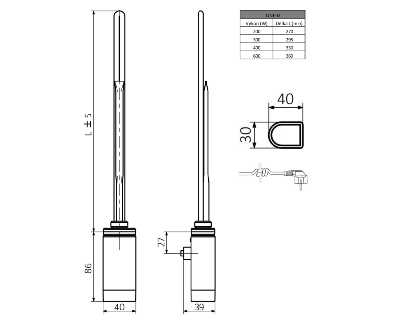 Dvieļu žāvētāja sildelements Sapho ONE D ar termostatu 200W, labā puse, Hromēts ONE-D-C-200