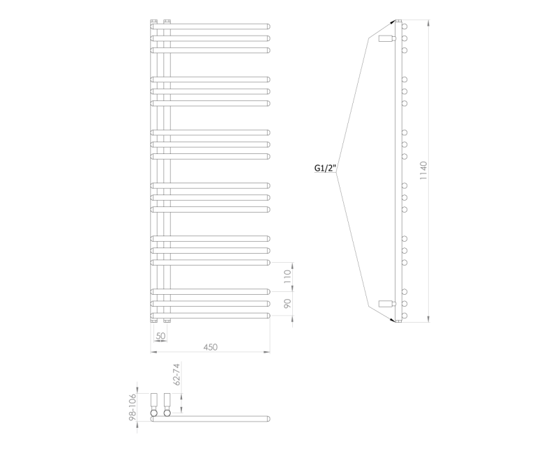 Полотенцесушитель / Радиатор AQUALINE Poseidon 114x45см, 379Вт, белый PS411