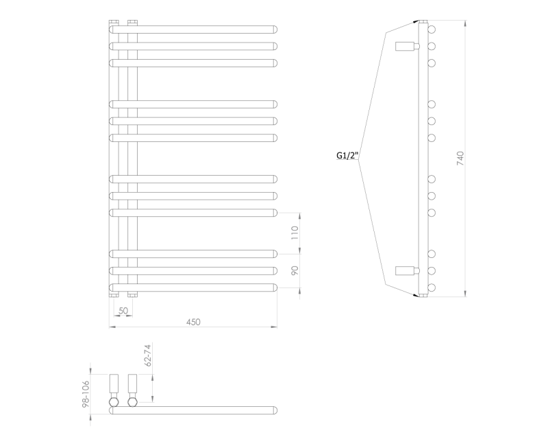 Полотенцесушитель / Радиатор AQUALINE Poseidon 74x45 см, 249 Вт, черный PS474B