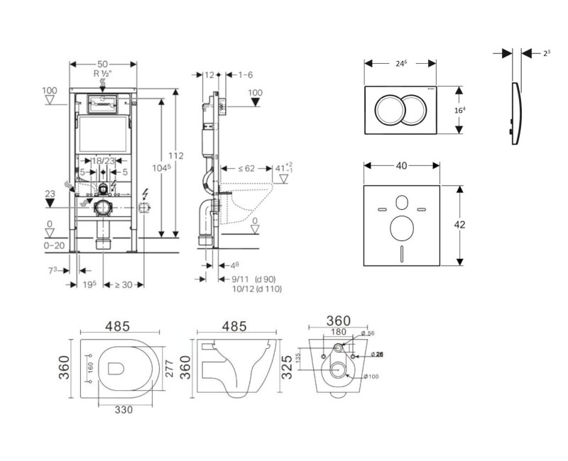 Tualetes poda komplekts Geberit Duofix rāmis ar baltu Delta01 pogu, pods Kielle Gaia Rimless un SoftClose Vāku