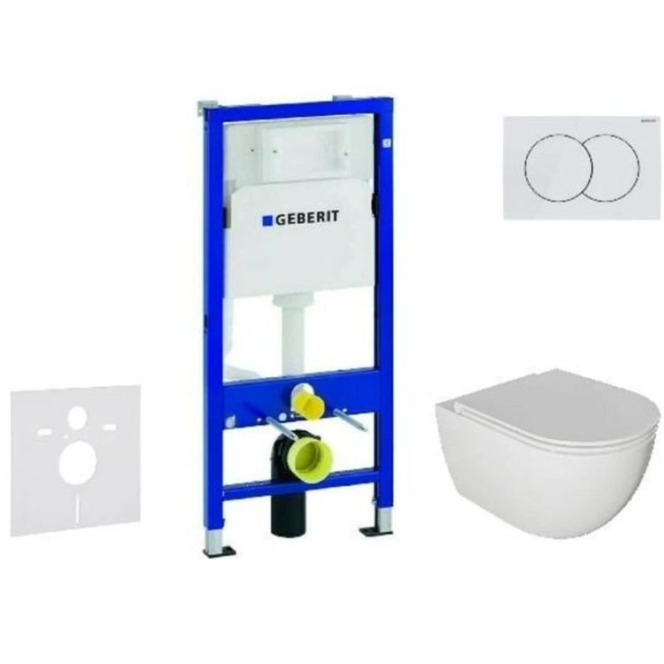 Комплект Geberit рамa Duofix и белой кнопкой Delta01, подвесной унитаз Gaia Rimless с крышкой SoftClose Комплект Geberit рамa Duofix и белой кнопкой Delta01, подвесной унитаз Gaia Rimless с крышкой SoftClose