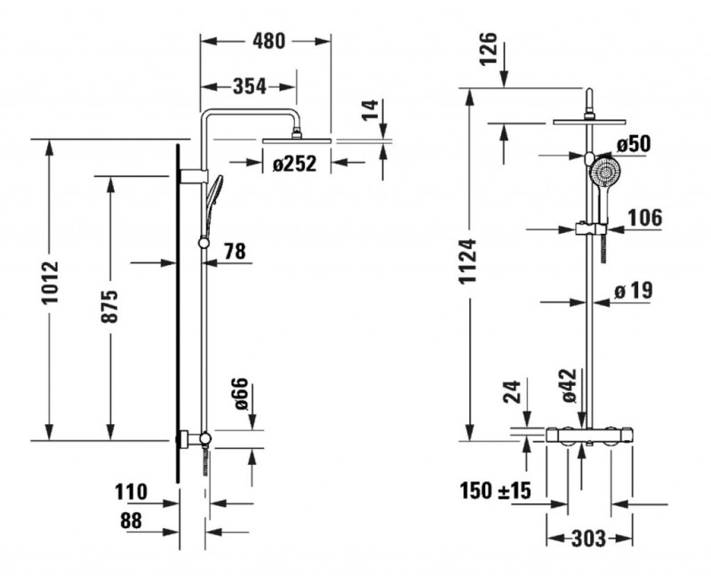 Душевая система Duravit Showers с термостатом, Душевая головка D 25 см, 3 потока, Хром
