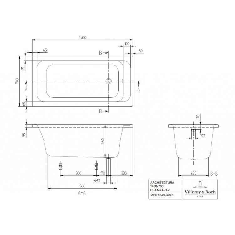 Vanna Villeroy & Boch Architectura 140x70cm, Akrila, Alpu balta UBA147ARA2V-01 Vanna Villeroy & Boch Architectura 140x70cm, Akrila, Alpu balta UBA147ARA2V-01