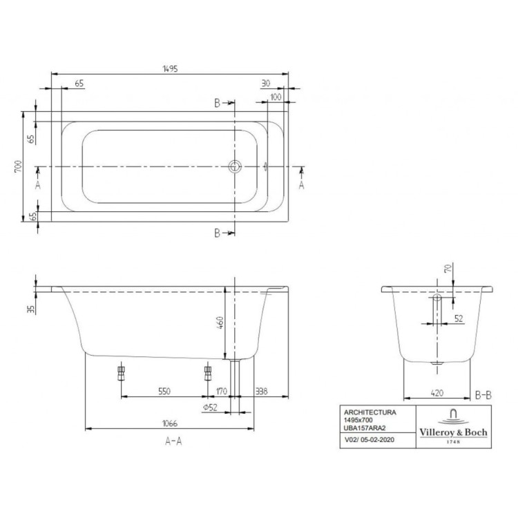 Vanna Villeroy & Boch Architectura 150x70cm, Akrila, Alpu balta UBA157ARA2V-01 Vanna Villeroy & Boch Architectura 150x70cm, Akrila, Alpu balta UBA157ARA2V-01