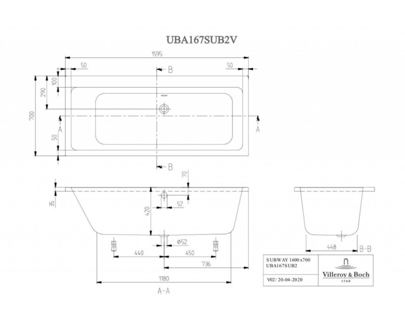Ванна Villeroy & Boch Subway Duo, 160x70 см, акрил, альпийский белый UBA167SUB2V-01