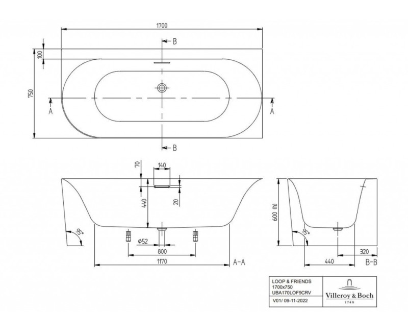 Vanna Villeroy & Boch Architectura Loop&Friends 170x75cm, Akrila, Labā Puse, balta UBA170LOF9CR00V-01