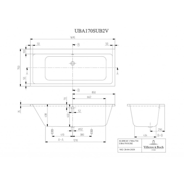 Vanna Villeroy & Boch Subway Duo, 170x75 cm, Akrila, Alpu balta UBA170SUB2V-01