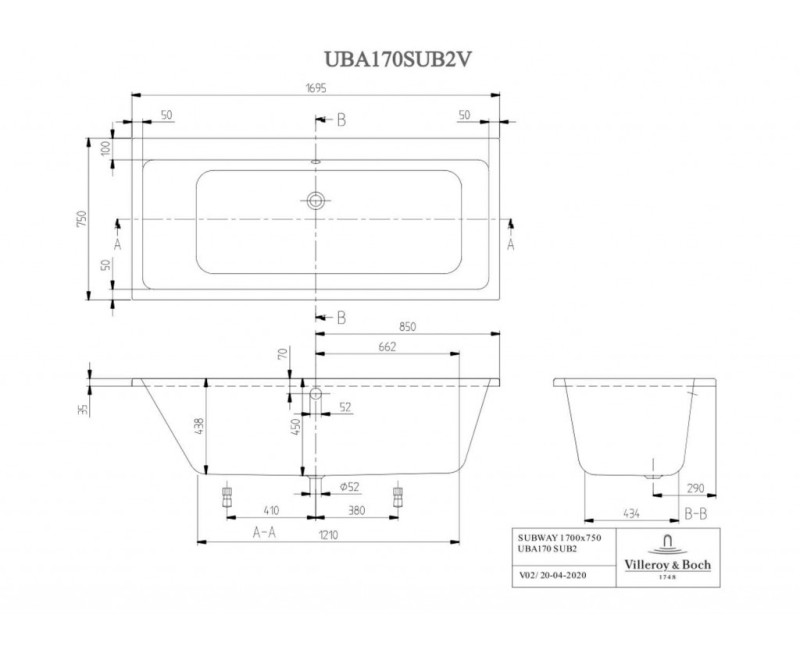 Vanna Villeroy & Boch Subway Duo, 170x75 cm, Akrila, Alpu balta UBA170SUB2V-01
