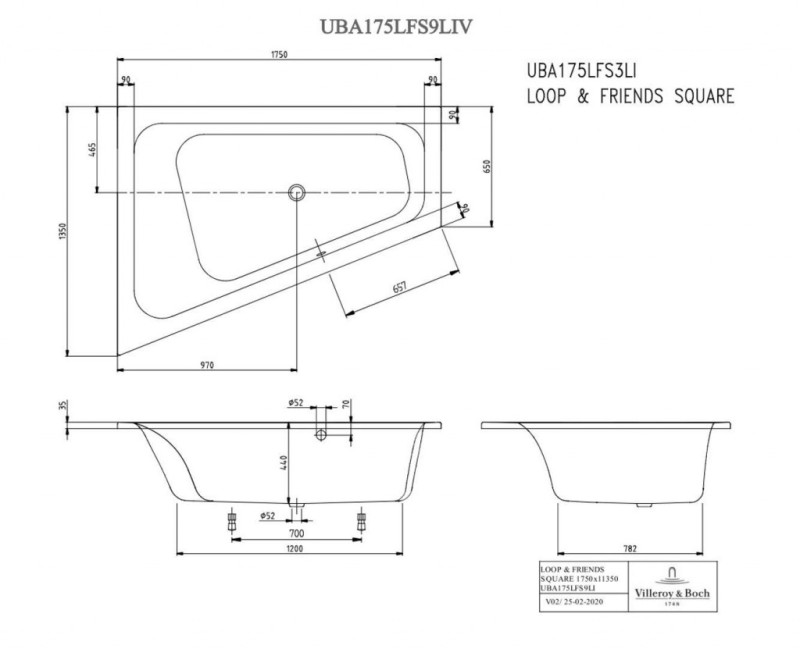 Vanna Villeroy & Boch Loop&Friends 135x175x44cm, Akrila, kreisā, balta UBA175LFS9LIV-01