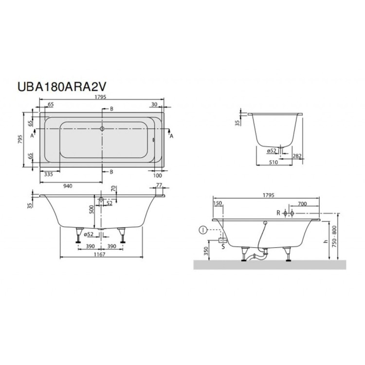 Vanna Villeroy & Boch Architectura Duo, Akrila, 180x80cm, balta UBA180ARA2V-01 Vanna Villeroy & Boch Architectura Duo, Akrila, 180x80cm, balta UBA180ARA2V-01
